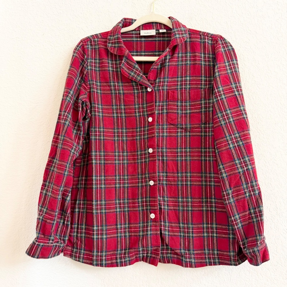 LL Bean Womens XS Red Plaid Flannel Button Down Shirt Notch Collar 502584